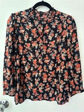 Floral Button-Front Long Sleeve Blouse - Black & Coral